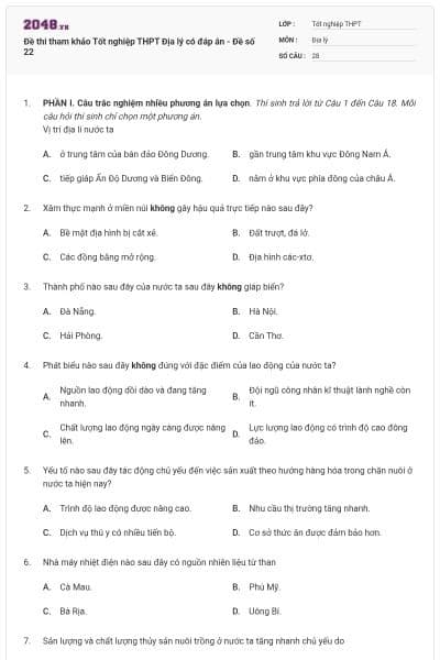 Đề thi tham khảo Tốt nghiệp THPT Địa lý có đáp án - Đề số 22