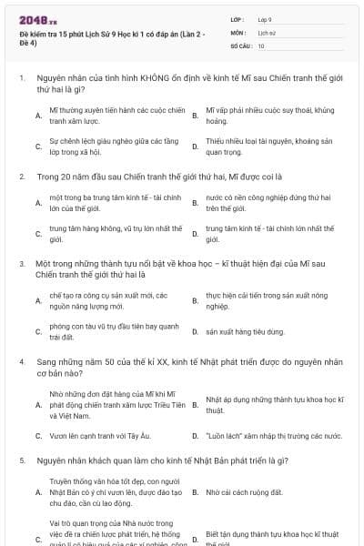 Đề kiểm tra 15 phút Lịch Sử 9 Học kì 1 có đáp án (Lần 2 - Đề 4)