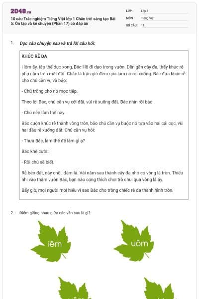 10 câu Trắc nghiệm Tiếng Việt lớp 1 Chân trời sáng tạo Bài 5: Ôn tập và kể chuyện (Phần 17) có đáp án