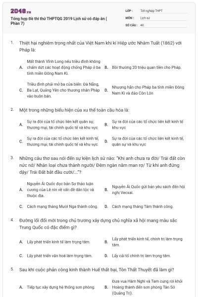 Tổng hợp Đề thi thử THPTQG 2019 Lịch sử có đáp án ( Phần 7)