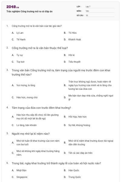 Trắc nghiệm Cổng trường mở ra có đáp án