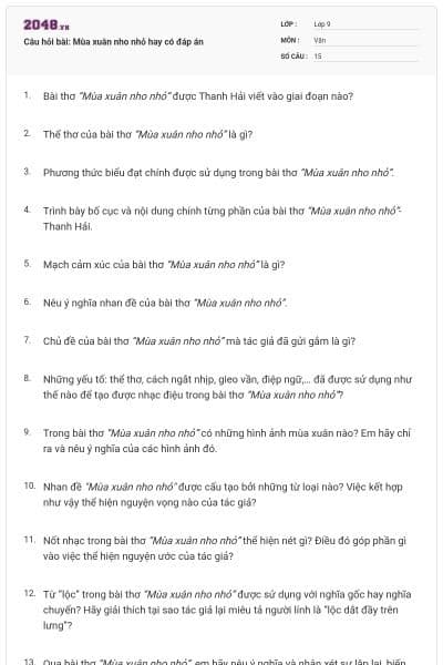 Câu hỏi bài: Mùa xuân nho nhỏ hay có đáp án