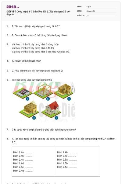 Giải VBT Công nghệ 6 Cánh diều Bài 2. Xây dựng nhà ở có đáp án