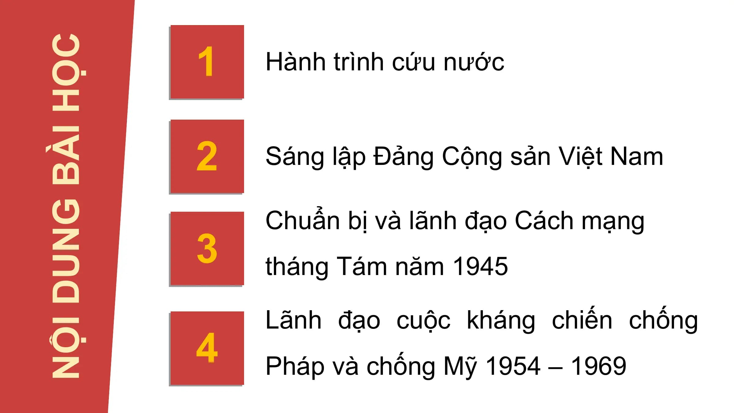 NỘI DUNG BÀI HỌC 1 Hành trình cứu nước

 2 Sáng lập Đảng Cộng sản Việt Nam

 Chuẩn bị và lãnh đạo Cách mạng
 3 tháng Tám năm 1945

 Lãnh đạo cuộc kháng chiến chống
 4 Pháp và chống Mỹ 1954 – 1969