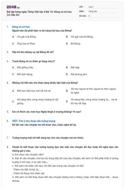 Bài tập hàng ngày Tiếng Việt lớp 4 Bài 18. Đồng cỏ nở hoa (có đáp án)