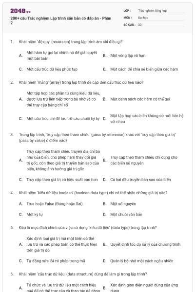 200+ câu Trắc nghiệm Lập trình căn bản có đáp án - Phần 2