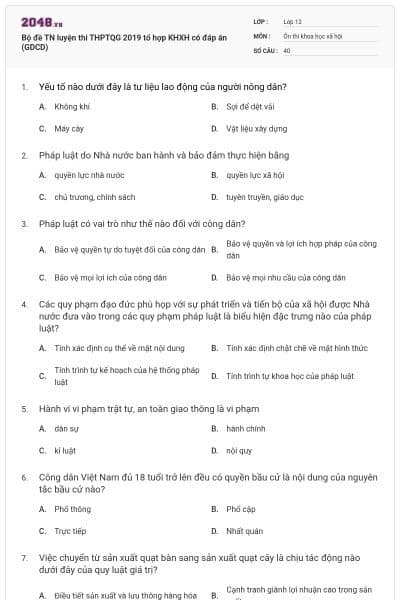 Bộ đề TN luyện thi THPTQG 2019 tổ hợp KHXH có đáp án (GDCD)