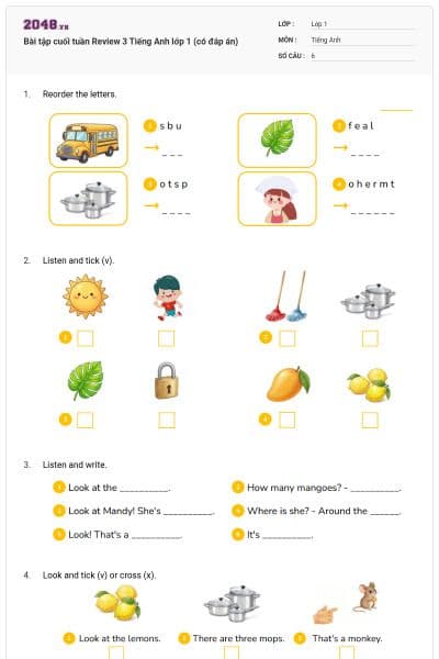 Bài tập cuối tuần Review 3 Tiếng Anh lớp 1 (có đáp án)