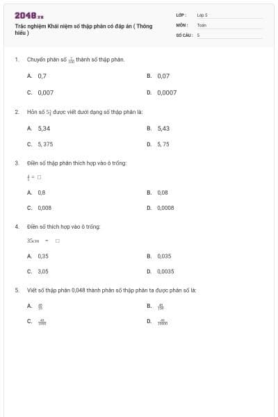 Trắc nghiệm Khái niệm số thập phân có đáp án ( Thông hiểu )