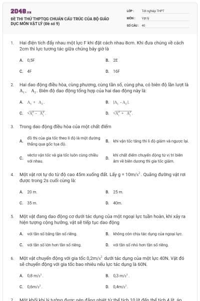 ĐỀ THI THỬ THPTQG CHUẨN CẤU TRÚC CỦA BỘ GIÁO DỤC MÔN VẬT LÝ (Đề số 9)