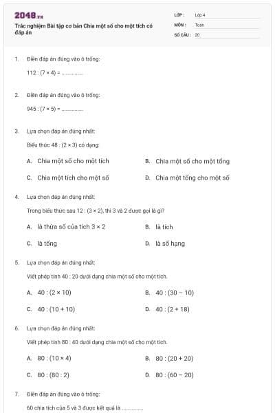 Trắc nghiệm Bài tập cơ bản Chia một số cho một tích có đáp án