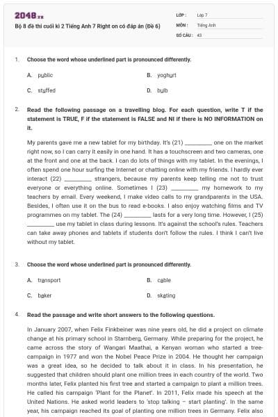 Bộ 8 đề thi cuối kì 2 Tiếng Anh 7 Right on có đáp án (Đề 6)