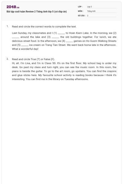 Bài tập cuối tuần Review 2 Tiếng Anh lớp 5 (có đáp án)