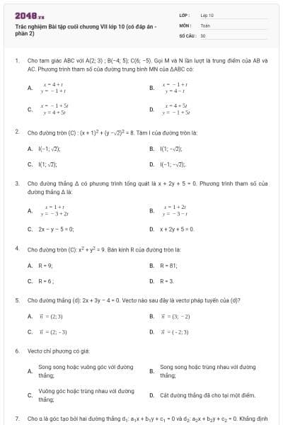 Trắc nghiệm Bài tập cuối chương VII lớp 10 (có đáp án - phần 2)