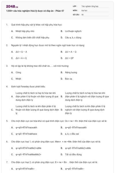 1200+ câu trắc nghiệm Hoá lý dược có đáp án - Phần 47