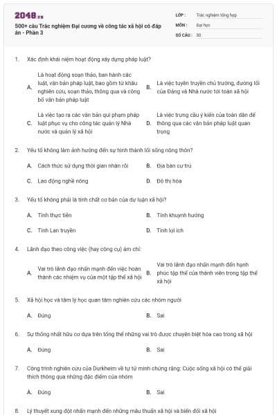 500+ câu Trắc nghiệm Đại cương về công tác xã hội có đáp án - Phần 3