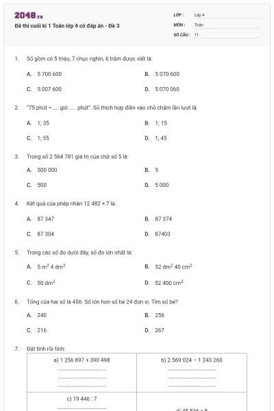 Đề thi cuối kì 1 Toán lớp 4 có đáp án - Đề 3