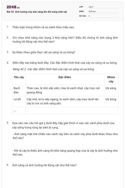 Bài 42: Ảnh hưởng của ánh sáng lên đời sống sinh vật