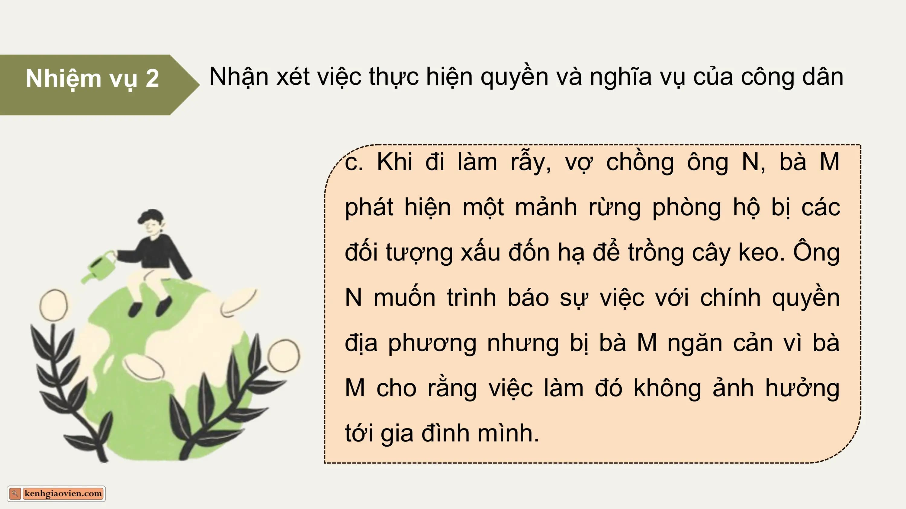 Nhiệm vụ 2 Nhận xét việc thực hiện quyền và nghĩa vụ của công dân

 c. Khi đi làm rẫy, vợ chồng ông N, bà M
 phát hiện một mảnh rừng phòng hộ bị các
 đối tượng xấu đốn hạ để trồng cây keo. Ông
 N muốn trình báo sự việc với chính quyền
 địa phương nhưng bị bà M ngăn cản vì bà
 M cho rằng việc làm đó không ảnh hưởng
 tới gia đình mình.