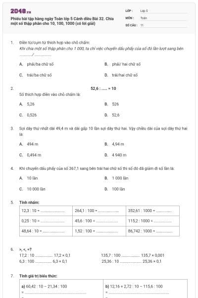 Phiếu bài tập hàng ngày Toán lớp 5 Cánh diều Bài 32. Chia một số thập phân cho 10, 100, 1000 (có lời giải)
