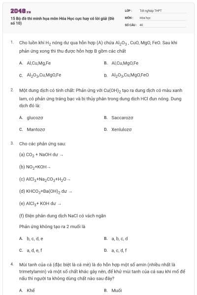 15 Bộ đề thi minh họa môn Hóa Học cực hay có lời giải (Đề số 10)