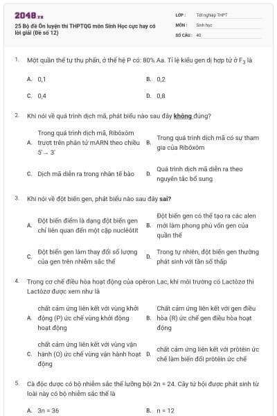 25 Bộ đề Ôn luyện thi THPTQG môn Sinh Học cực hay có lời giải (Đề số 12)