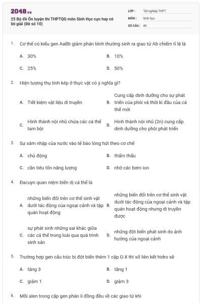 25 Bộ đề Ôn luyện thi THPTQG môn Sinh Học cực hay có lời giải (Đề số 10)