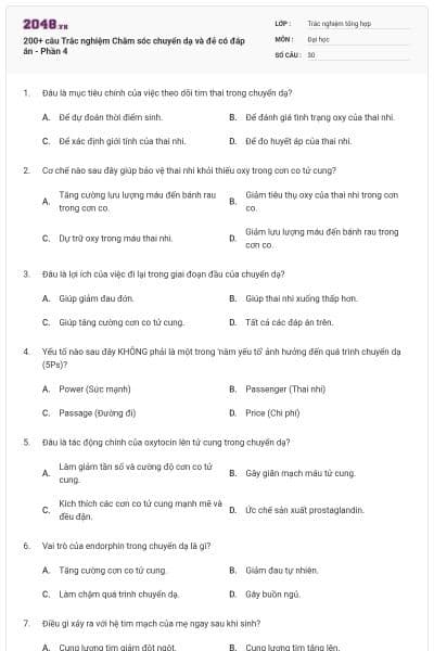 200+ câu Trắc nghiệm Chăm sóc chuyển dạ và đẻ có đáp án - Phần 4
