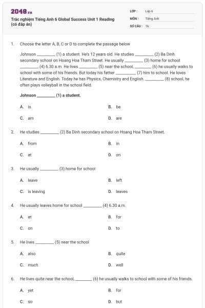 Trắc nghiệm Tiếng Anh 6 Global Success Unit 1 Reading (có đáp án)