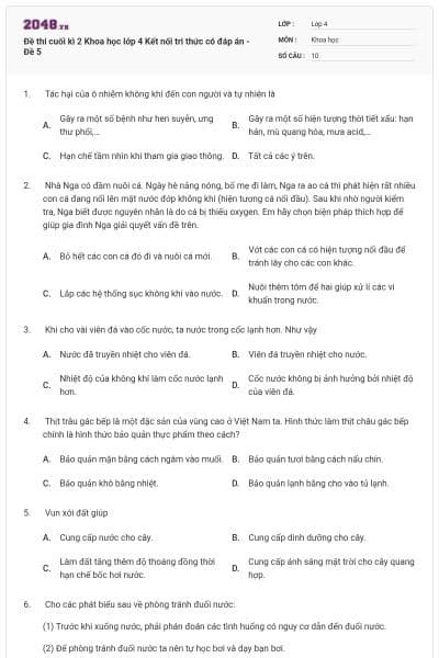 Đề thi cuối kì 2 Khoa học lớp 4 Kết nối tri thức có đáp án - Đề 5