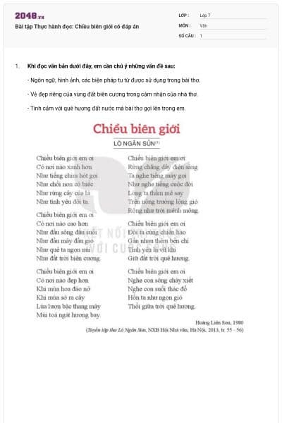 Bài tập Thực hành đọc: Chiều biên giới có đáp án