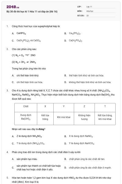 Bộ 30 đề thi học kì 1 Hóa 11 có đáp án (Đề 16)