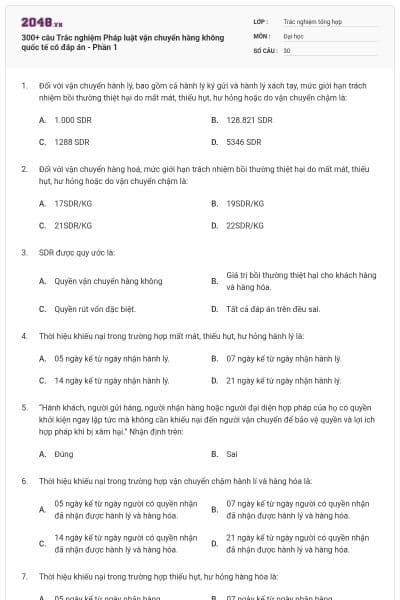 300+ câu Trắc nghiệm Pháp luật vận chuyển hàng không quốc tế có đáp án - Phần 1