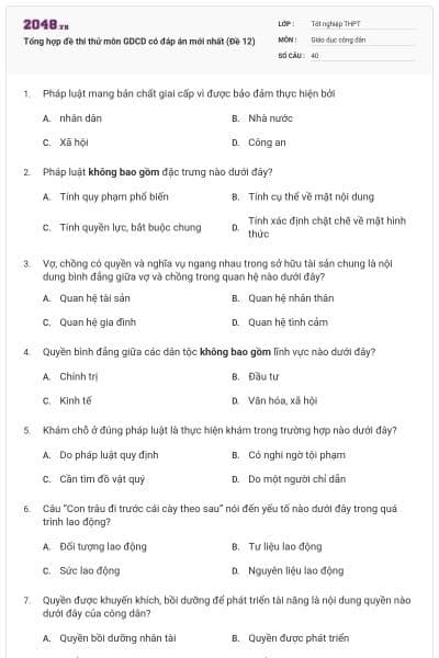 Tổng hợp đề thi thử môn GDCD có đáp án mới nhất (Đề 12)