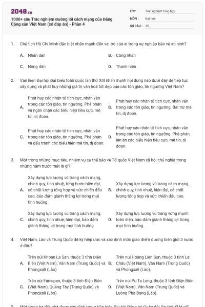1000+ câu Trắc nghiệm Đường lối cách mạng của Đảng Cộng sản Việt Nam (có đáp án) - Phần 4