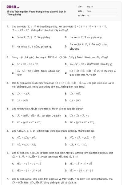 15 câu Trắc nghiệm Vectơ trong không gian có đáp án (Thông hiểu)
