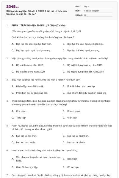 Bài tập trắc nghiệm Giữa kì 2 GDCD 7 Kết nối tri thức cấu trúc mới có đáp án - Đề số 1