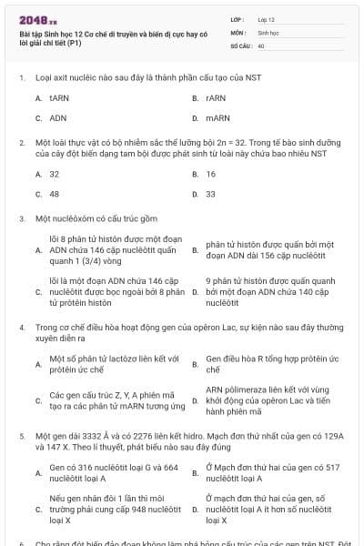Bài tập Sinh học 12 Cơ chế di truyền và biến dị cực hay có lời giải chi tiết (P1)