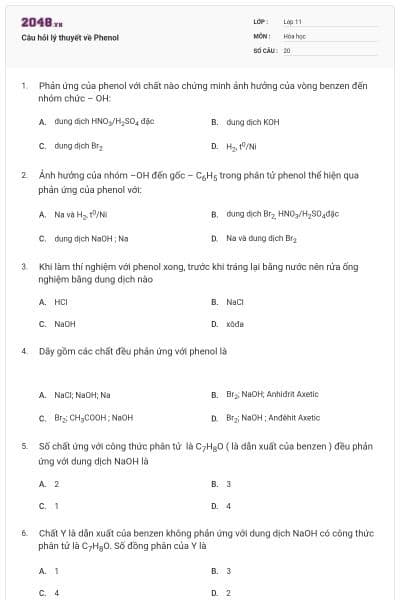 Câu hỏi lý thuyết về Phenol