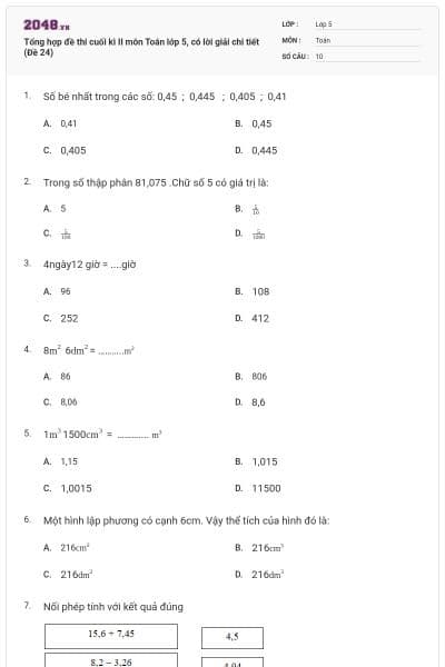 Tổng hợp đề thi cuối kì II môn Toán lớp 5, có lời giải chi tiết (Đề 24)