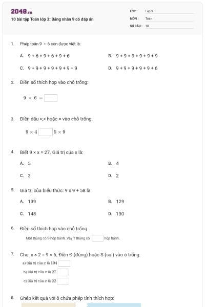 10 bài tập Toán lớp 3: Bảng nhân 9 có đáp án