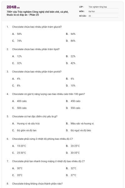 700+ câu Trắc nghiệm Công nghệ chế biến chè, cà phê, thuốc lá có đáp án - Phần 25