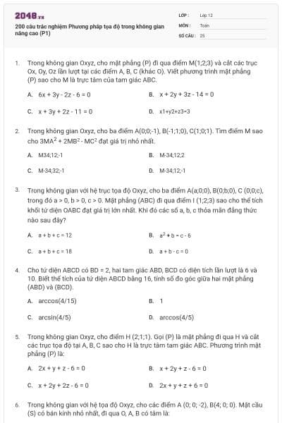 200 câu trắc nghiệm Phương pháp tọa độ trong không gian nâng cao (P1)