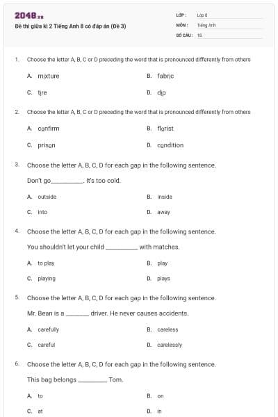 Đề thi giữa kì 2 Tiếng Anh 8 có đáp án (Đề 3)