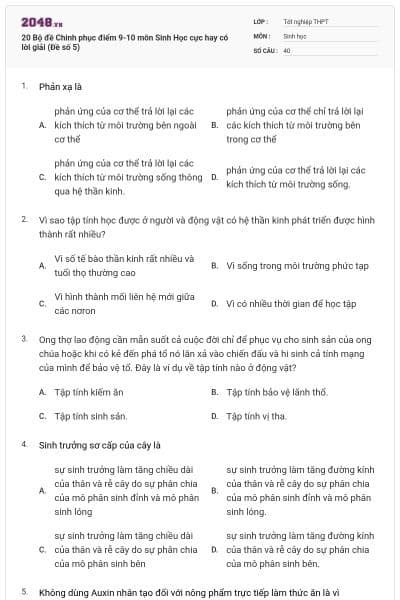 20 Bộ đề Chinh phục điểm 9-10 môn Sinh Học cực hay có lời giải (Đề số 5)
