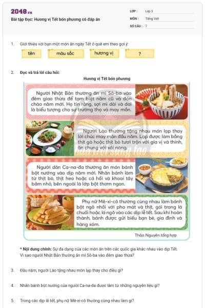Bài tập Đọc: Hương vị Tết bốn phương có đáp án