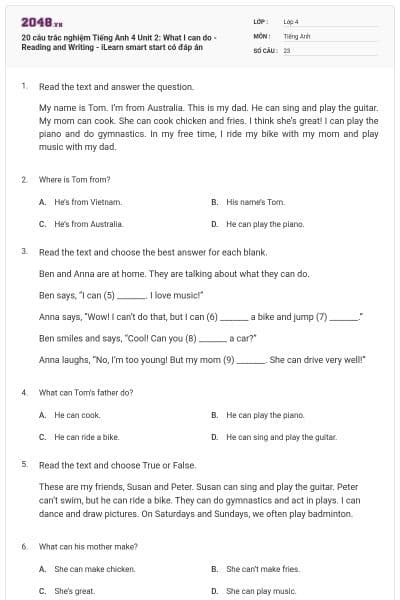 20 câu trắc nghiệm Tiếng Anh 4 Unit 2: What I can do - Reading and Writing - iLearn smart start có đáp án