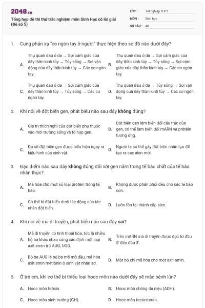 Tổng hợp đề thi thử trắc nghiệm môn Sinh Học có lời giải (Đề số 5)