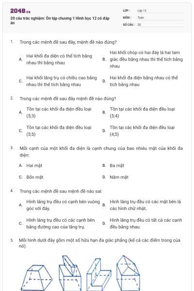 20 câu trắc nghiệm: Ôn tập chương 1 Hình học 12 có đáp án