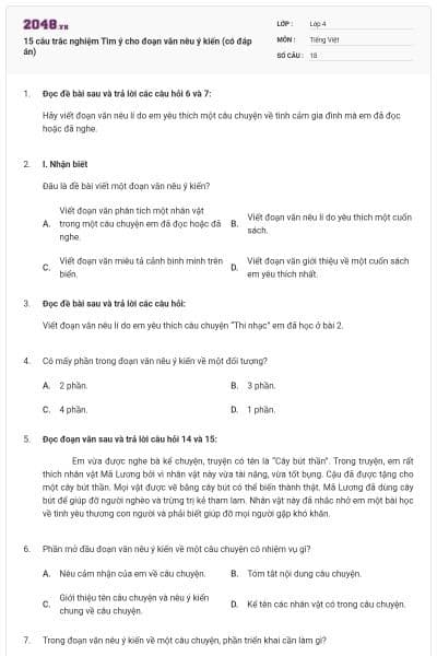 15 câu trắc nghiệm Tìm ý cho đoạn văn nêu ý kiến (có đáp án)